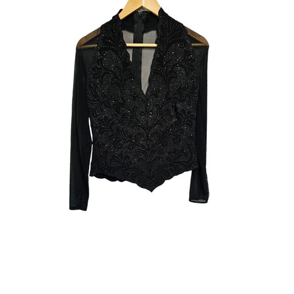 Vintage LILLIE‎ RUBIN Beaded Blouse V Neck Mesh Long Sleeve Corset Top LARGE - Picture 2 of 7
